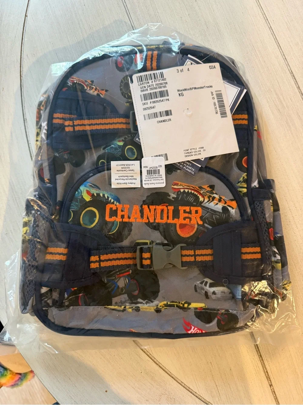 Pottery Barn Kids Navy Backpack with Orange Monster Truck Accents